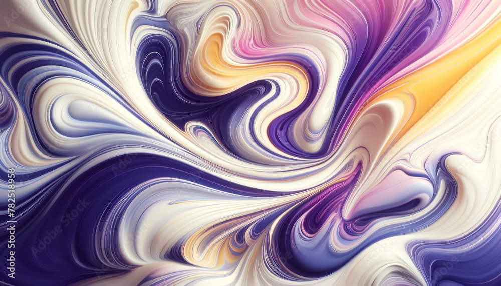 Vibrant abstract swirls with a fluid texture in purple, orange, and white hues.
