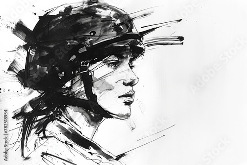A dynamic black ink sketch shows a woman's profile with a sport helmet, suggesting movement and intensity