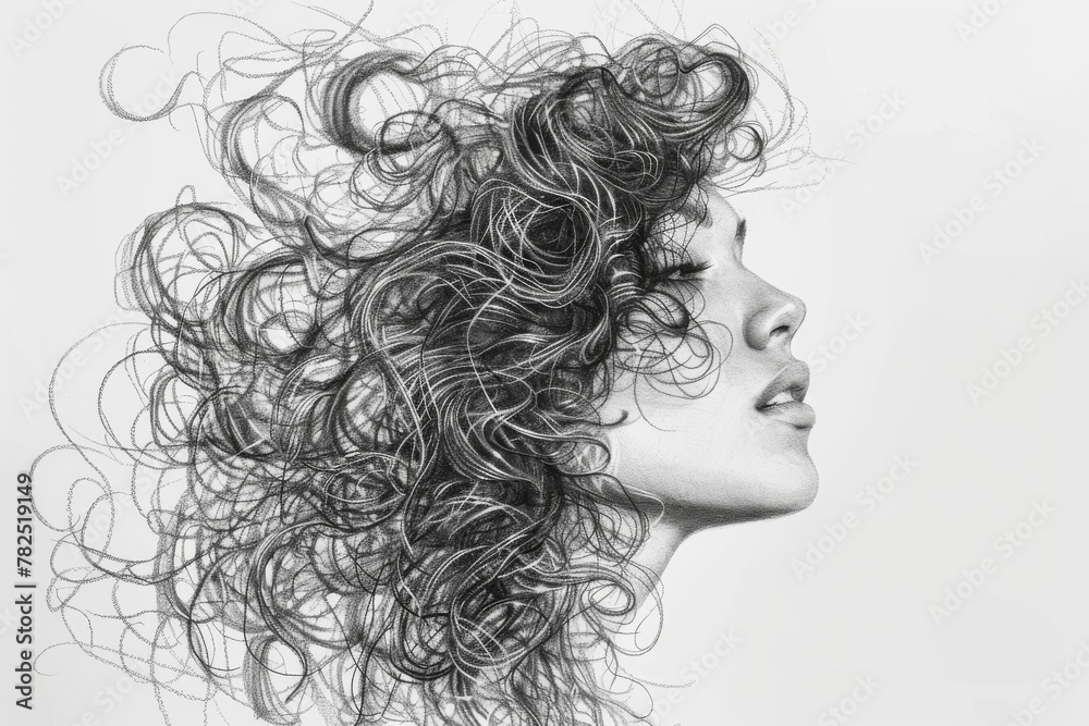 A meticulously detailed sketch showcasing the complex patterns and textures of hair strands in black and white