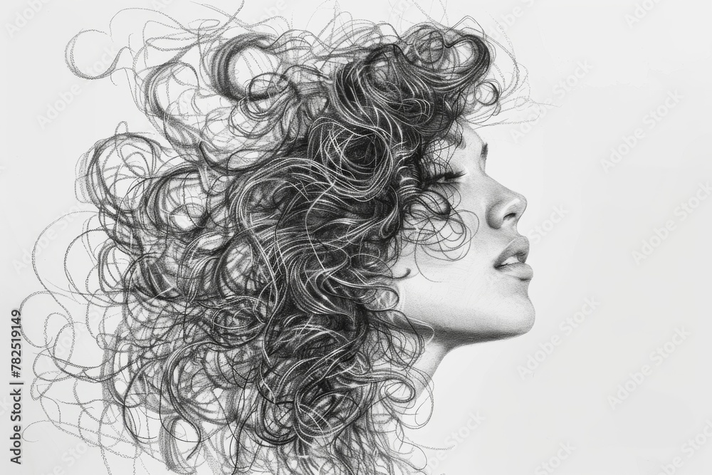 A meticulously detailed sketch showcasing the complex patterns and textures of hair strands in black and white A meticulously detailed sketch showcasing the complex patterns and textures of hair strands in black and white