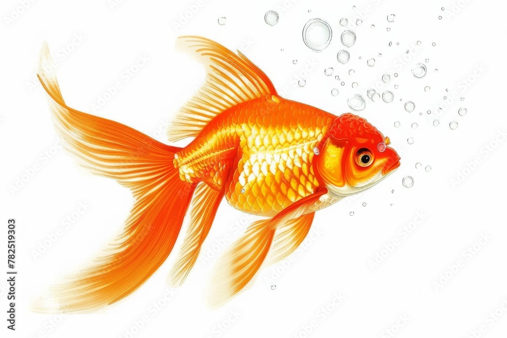 A digital illustration of a lively orange goldfish with detailed scales and fins, against a background with bubbles
