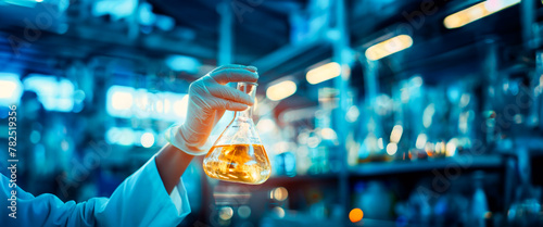 A scientist's hand precisely holds a conical flask containing a golden substance, amidst the blurred backdrop of a blue-tinged laboratory. Natural cosmetic organic products. Banner. Copy space