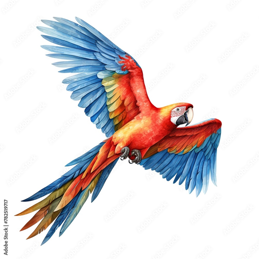 Illustration of macaw bird flight in hand drawn watercolor style isolated on white background.