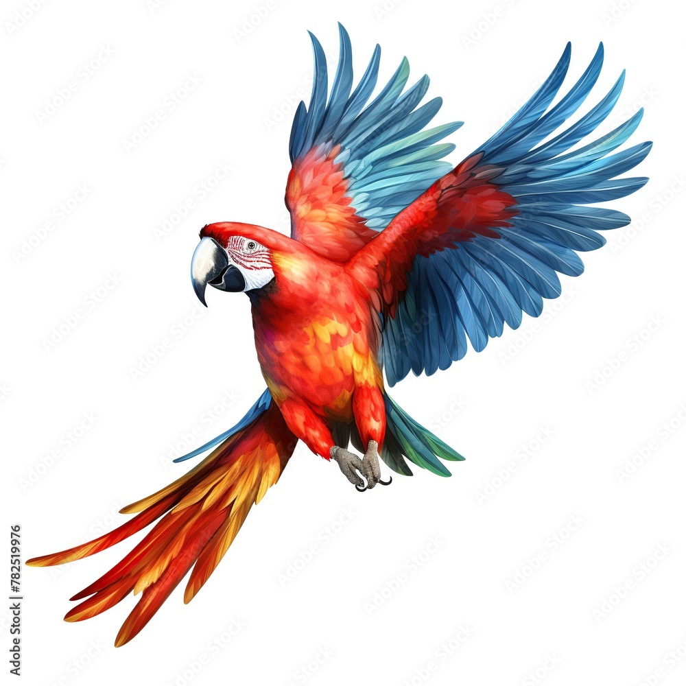 Fototapeta premium Illustration of macaw bird flight in hand drawn watercolor style isolated on white background.