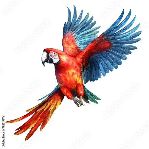 Illustration of macaw bird flight in hand drawn watercolor style isolated on white background. © Alpa