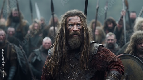 Man long hair and beard stands confidently in front army of male warriors, reminiscent movie scene