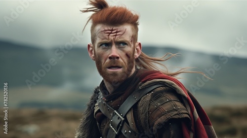 Man with red hair and a beard in the costume of a medieval warrior photo