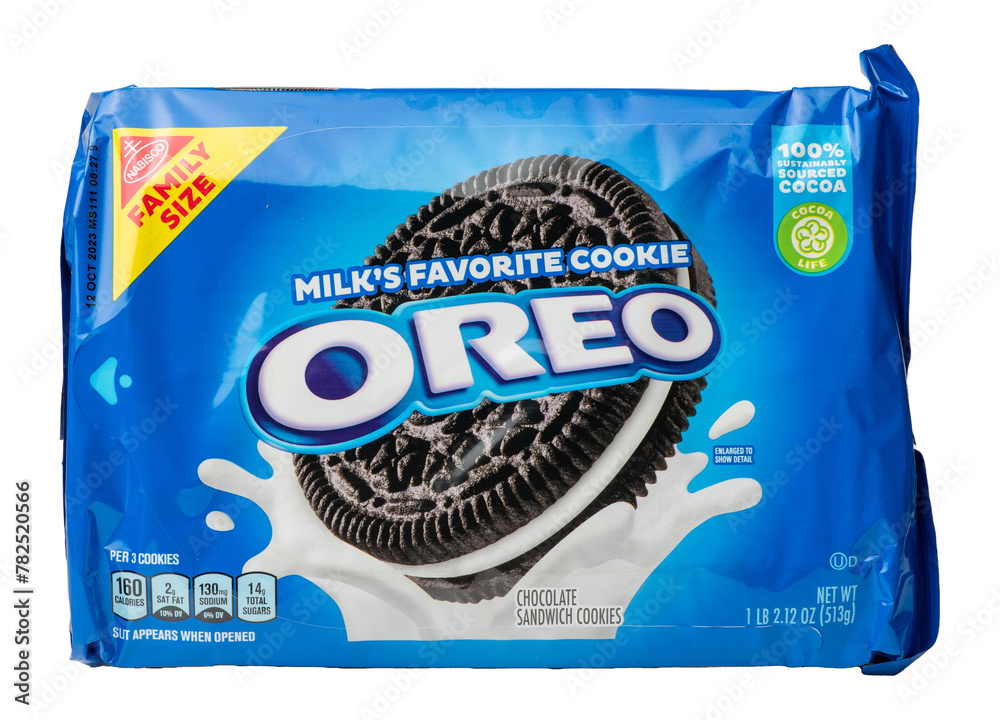 Package of Nabisco Oreo brand chocolate sandwich cookies isolated on a ...