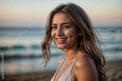 woman on the beach-A beautiful woman with long hair smiling on a beach at sunset.