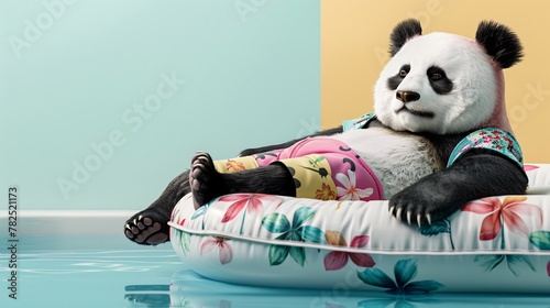 panda lie on swimming mattress in the pool