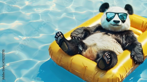 Cute panda lie on  swimming mattress in the pool photo