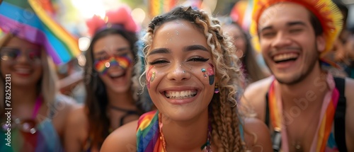 Joyful Friends Embrace Diversity at Pride Parade. Concept Pride Parade, Diversity, Friendship, Joyful Embrace, Celebration