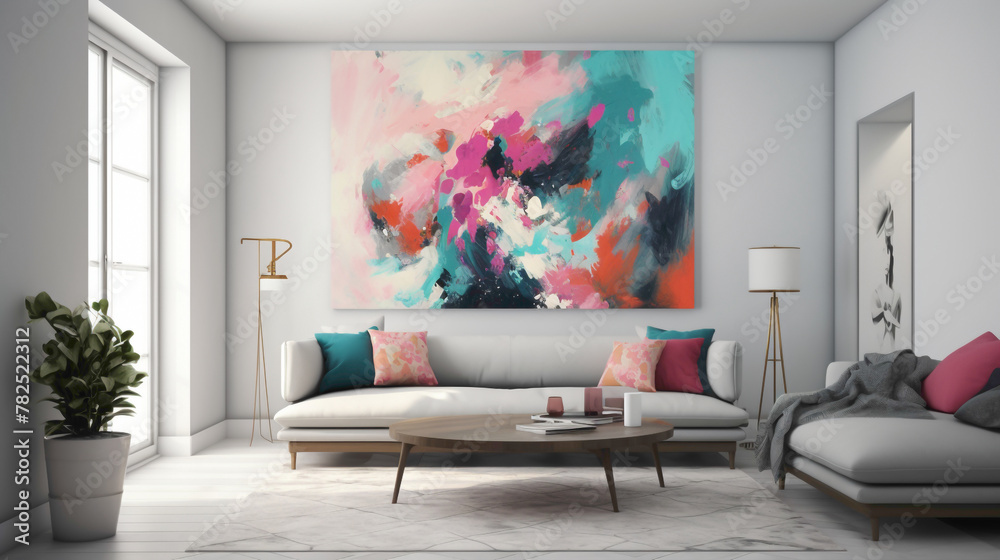 Bold strokes of vibrant pink and turquoise on a clean white canvas, expressing a sense of creativity and expression. - obrazy, fototapety, plakaty 