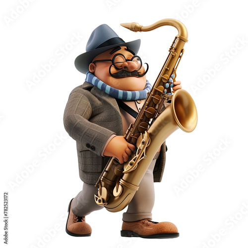 Mustachioed cartoon man in a hat joyfully playing the saxophone, bringing a jazzy vibe to the scene. Isolated on transparent