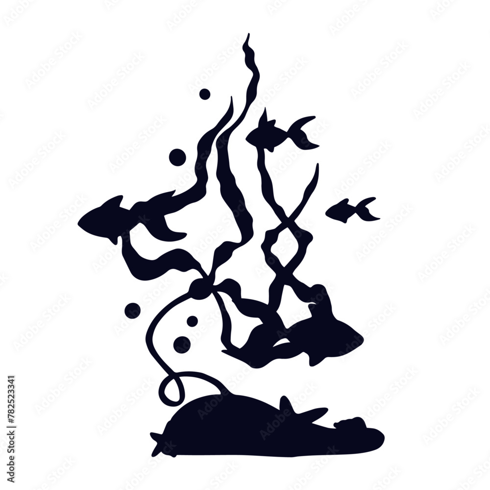 Silhouette of seaweed with schools of fish.Vector graphics. Silhouette of seaweed with schools of fish.Vector graphics.