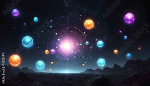 An array of glowing orbs suspended in a dark void, transmitting messages across the cosmos.