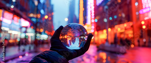 Vibrant urban street, gloved hand presents crystal ball that captures and inverses colorful city life, offering a mesmerizing alternate viewpoint bustling environment around it. Banner. Copy space photo