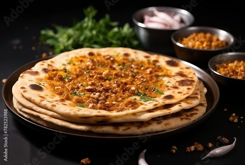  Stack of crusty breads, waffles, crepes, pies with jam, fillings, spices, berries or nuts on a dark background. Puran poli, tortilla, tortillas. Concept of food and celebration.  photo