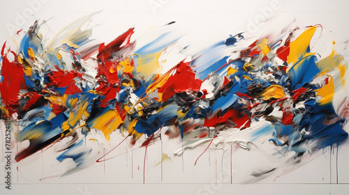 Bold strokes of vibrant red, blue, and yellow on a pure white canvas, creating a dynamic visual impact.