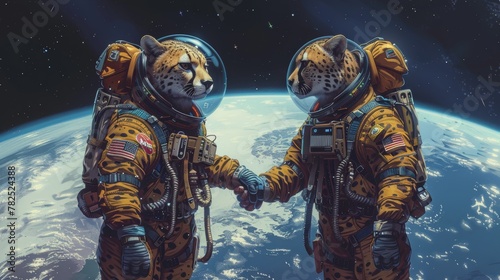 Astronauts Join Hands in Unity Around Futuristic Space Station