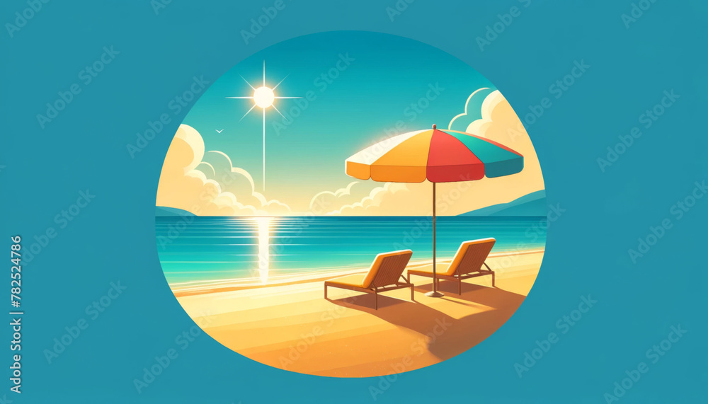 Bright sun over beach loungers and an umbrella with a circular blue sky.
