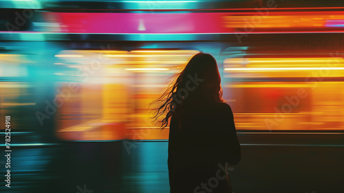 Silhouette of a woman in front of a metro train with bright lights and motion blur in a city