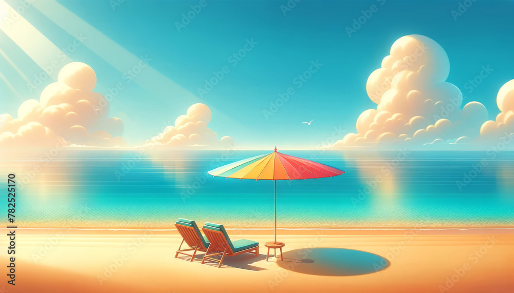 Beach scene with colorful umbrellas and chairs on a sunny day with fluffy clouds.