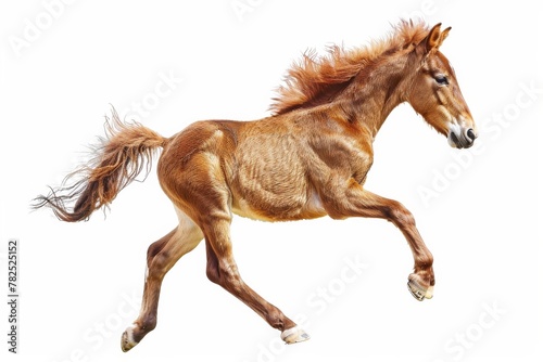 A dynamic image captures a chestnut foal mid-gallop  mane and tail flowing  symbolizing energy and freedom