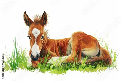 Detailed illustration of a cute foal lying on green grass, looking peaceful and content in a serene setting