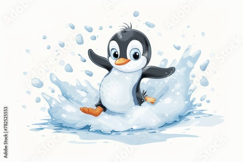 Charming illustration of a baby penguin sliding on ice  water splashing around in a dynamic and fun scene