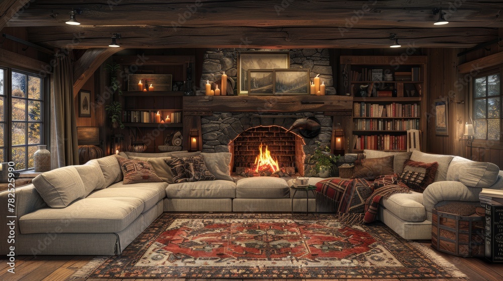 Cozy Rustic Farmhouse Interior with Warm Fireplace