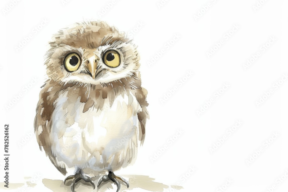 Fototapeta premium A solitary owl is depicted with an endearing gaze and fluffy feathers in a minimalistic, contemporary art style