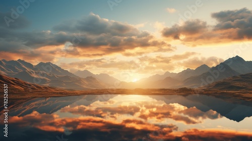 A beautiful landscape with mountains, lake and sunset