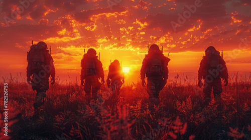 Six military silhouettes on sunset sky background.