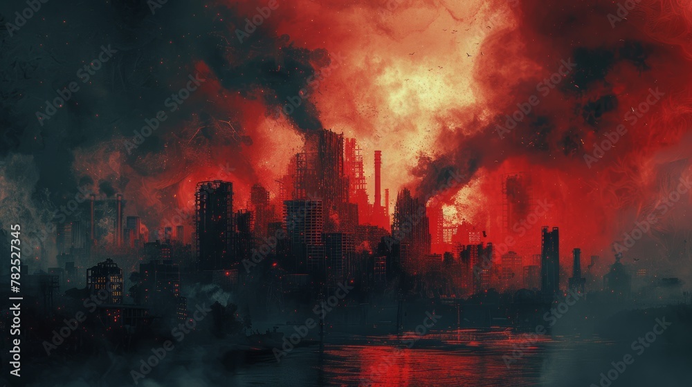 Dystopian Cityscape with Red Moon and Industrial Silhouettes