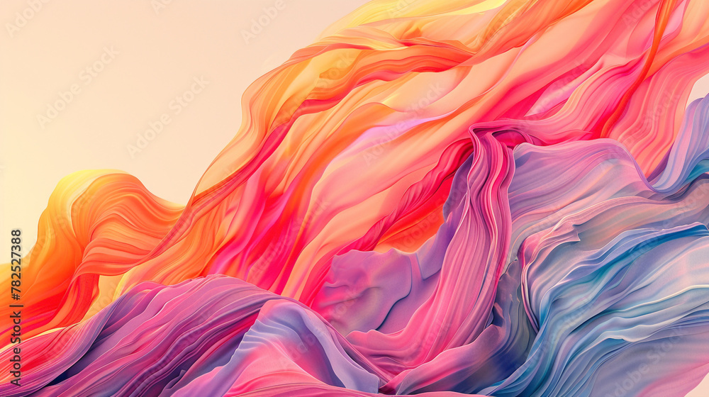 Bold strokes of vivid color blend seamlessly, forming a dynamic gradient wave in a minimalist space. - obrazy, fototapety, plakaty 