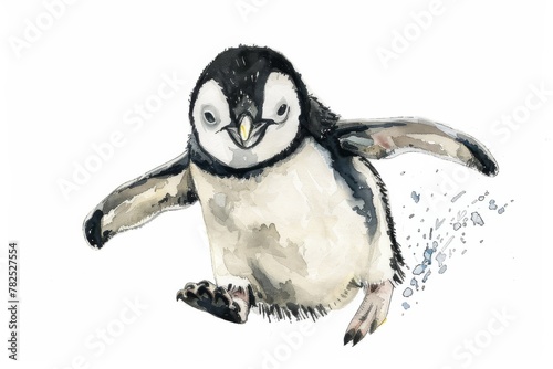 This endearing illustration showcases a baby penguin with detailed feathers waddling in watercolor, capturing its innocence and curious gaze