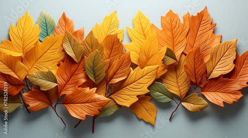 A close up of a variety of fall leaves against a white background. photo