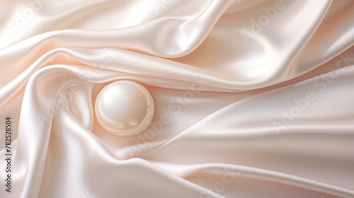 A close-up image of a pearl on a luxurious cream-colored silk fabric.
