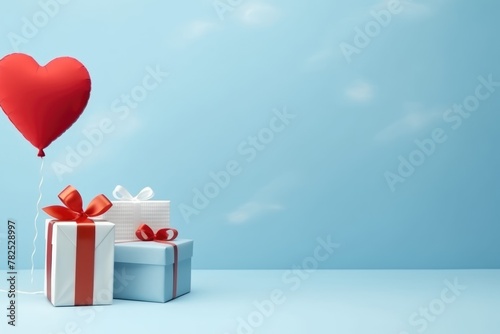 Red heart-shaped balloon with elegant gift boxes against blue background. © Anatolii