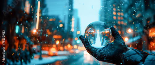 Snow-kissed crystal globe in hands, urban reflection, a magical moment of urban exploration and winter's embrace. Travel and Tourism. Winter mood. New Year. Banner. Copy space photo