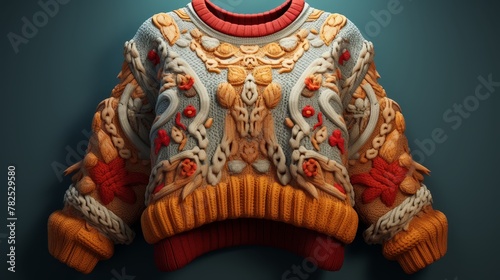 A highly detailed render of an ugly Christmas sweater with intricate and colorful patterns.