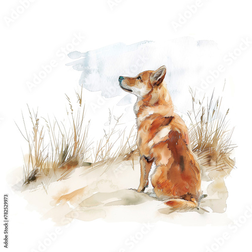 Watercolor illustration of a red dog sitting in the grass on a white background