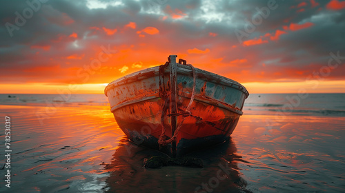 A boat is sitting in the water with the sun setting in the background
