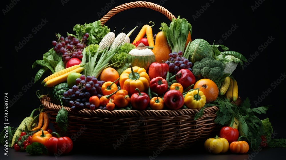A wicker basket full of colorful fruits and vegetables on a black background.