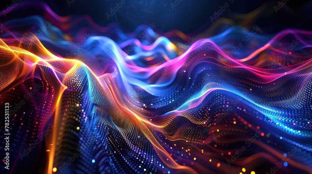 Futuristic abstract virtual fractal waves and lights of science technology background. AI generated