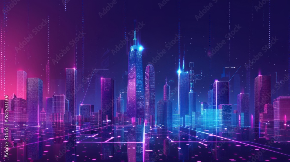 Illustration smart city buildings with digital connection graphic elements technology. AI generated