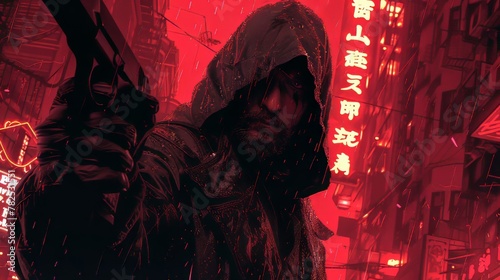 Hooded Assassin With Dagger and Pistol in Neon-Lit Alley photo