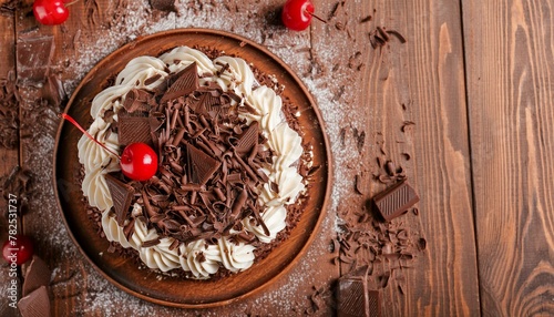 Top view of a chocolate cake with chocolate icing, chocolate shavings and stuffed with white cream inside.
