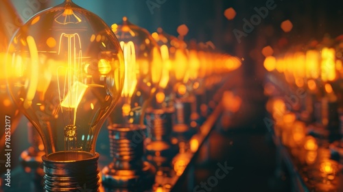 Row many glowing electric light bulb on the dark background. AI generated image